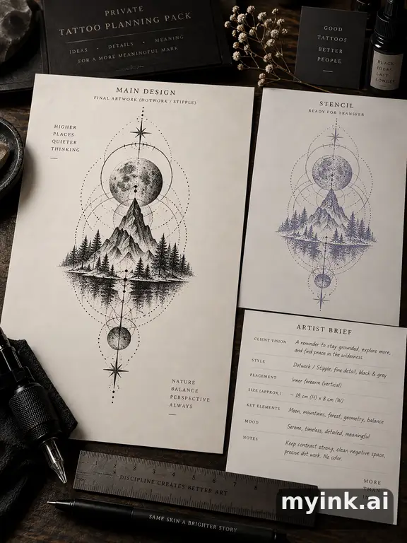 Private tattoo planning pack layout with main design — Dotwork Tattoo Design reference image
