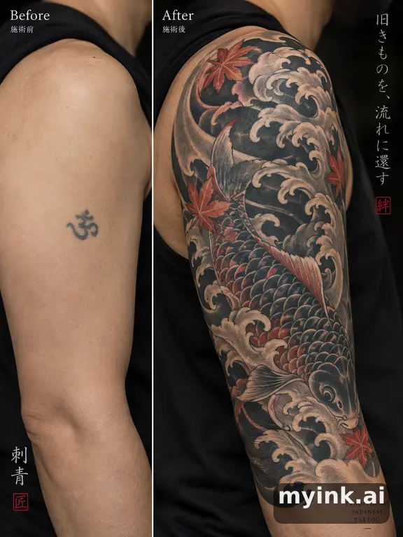 Before-and-after cover-up direction that absorbs an old small symbol — Japanese Tattoo Design reference image