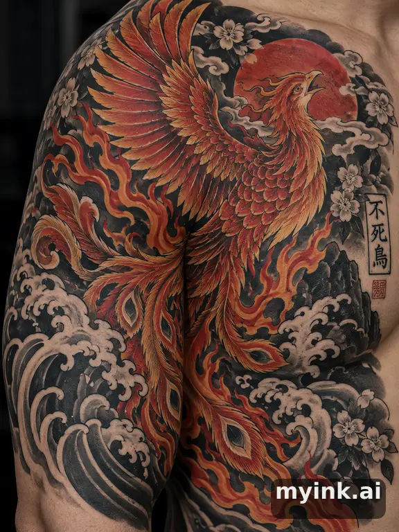 Phoenix rising from flames — Japanese Tattoo Design reference image