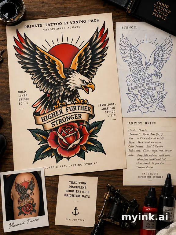 Private tattoo planning pack layout with main design — Traditional Tattoo Design reference image