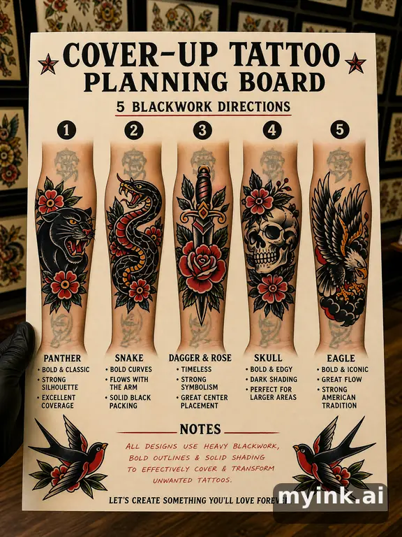 Cover-up tattoo planning board showing five blackwork directions — Traditional Tattoo Design reference image