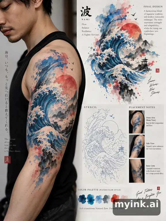 Consultation-ready Japanese wave tattoo plan with stencil and placement notes — Watercolor Tattoo Design reference image