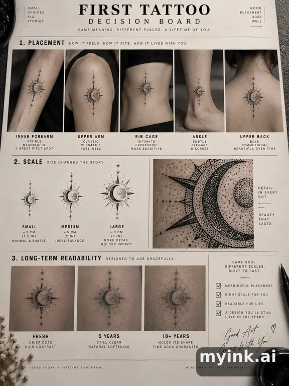 First tattoo decision board comparing placement — Dotwork Tattoo Design reference image