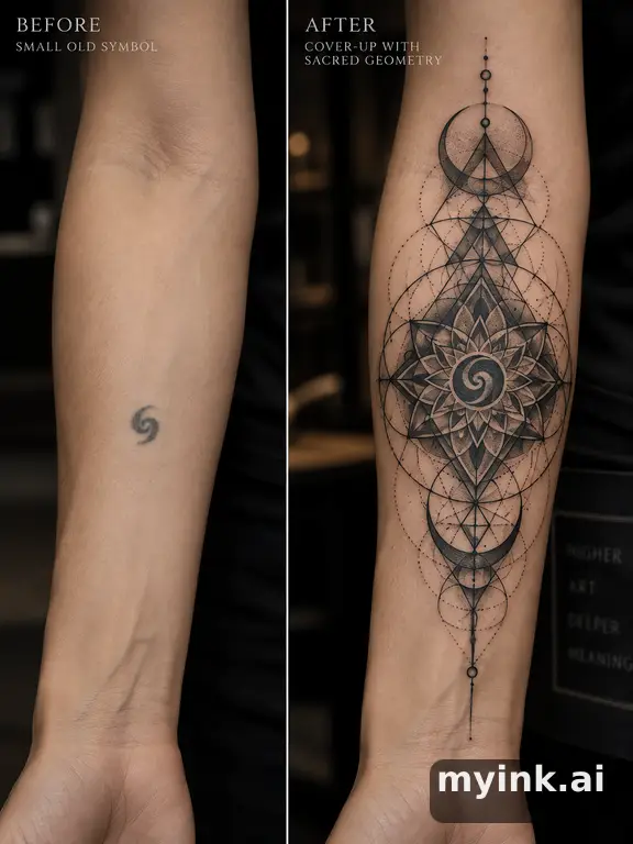Before-and-after cover-up direction that absorbs an old small symbol — Geometric Tattoo Design reference image