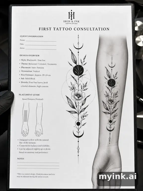 First tattoo consultation sheet with a fine-line forearm design and placement notes — Blackwork Tattoo Design reference image