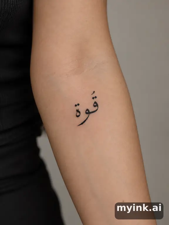 Arabic calligraphy writing 'قوة' (strength) — Minimalist Tattoo Design reference image