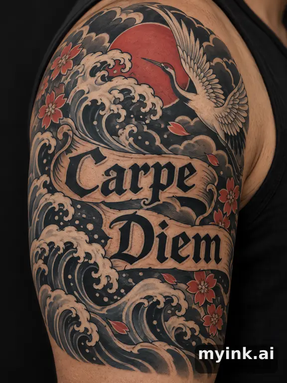 Phrase 'Carpe Diem' in vintage lettering — Japanese Tattoo Design reference image