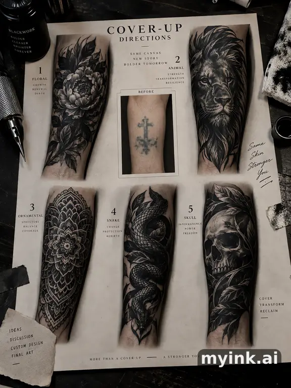 Cover-up tattoo planning board showing five blackwork directions — Realistic Tattoo Design reference image