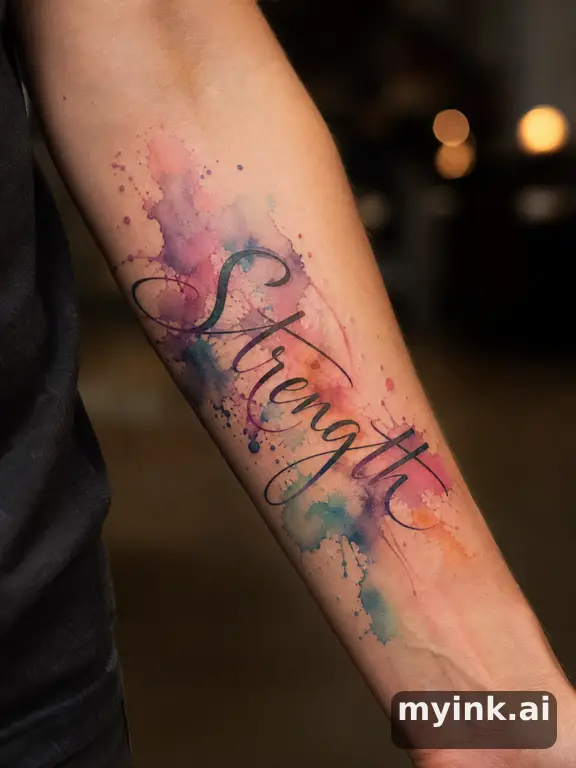 Word 'Strength' in elegant script — Watercolor Tattoo Design reference image