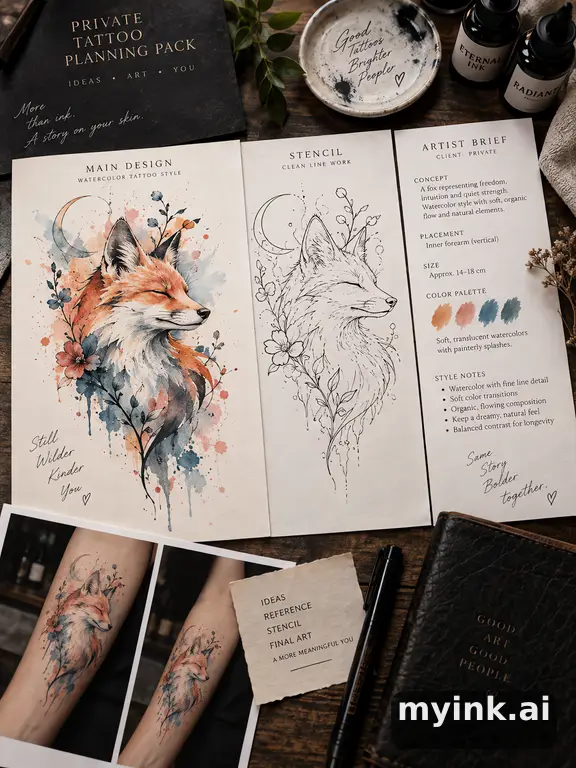 Private tattoo planning pack layout with main design — Watercolor Tattoo Design reference image
