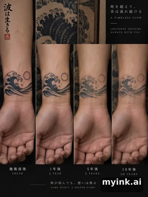 Tattoo aging comparison for a minimalist wrist design over ten years — Japanese Tattoo Design reference image