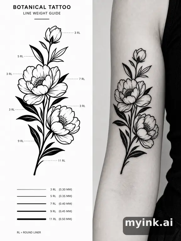 Clean stencil-ready botanical tattoo with line weight annotations — Blackwork Tattoo Design reference image
