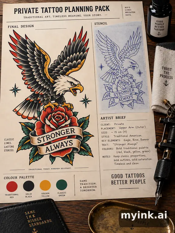 Private tattoo planning pack layout with main design — Traditional Tattoo Design reference image