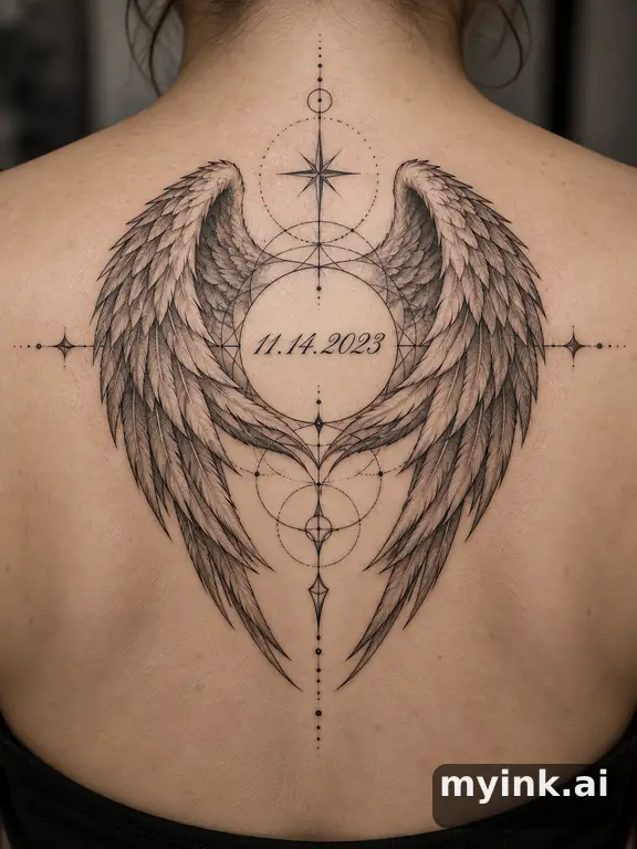 Angel wings cradling a date in elegant script — Geometric Tattoo Design reference image
