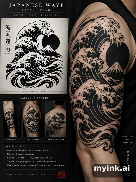 Consultation-ready Japanese wave tattoo plan with stencil and placement notes — Blackwork Tattoo Design reference image