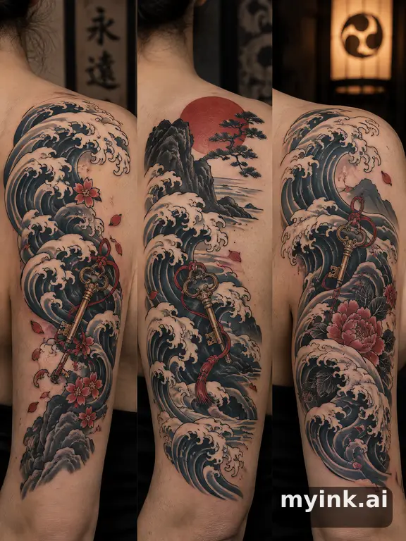 Three symbolic memorial tattoo routes based on ocean waves and a small key — Japanese Tattoo Design reference image