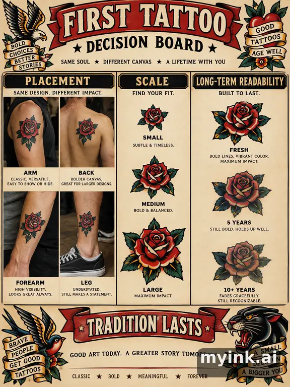 First tattoo decision board comparing placement — Traditional Tattoo Design reference image