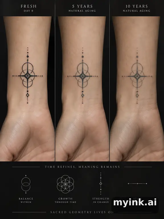 Tattoo aging comparison for a minimalist wrist design over ten years — Geometric Tattoo Design reference image