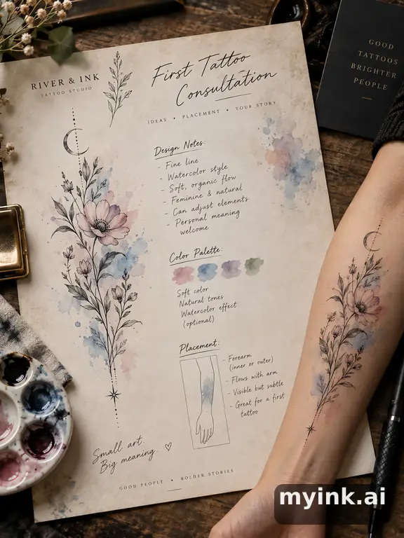 First tattoo consultation sheet with a fine-line forearm design and placement notes — Watercolor Tattoo Design reference image