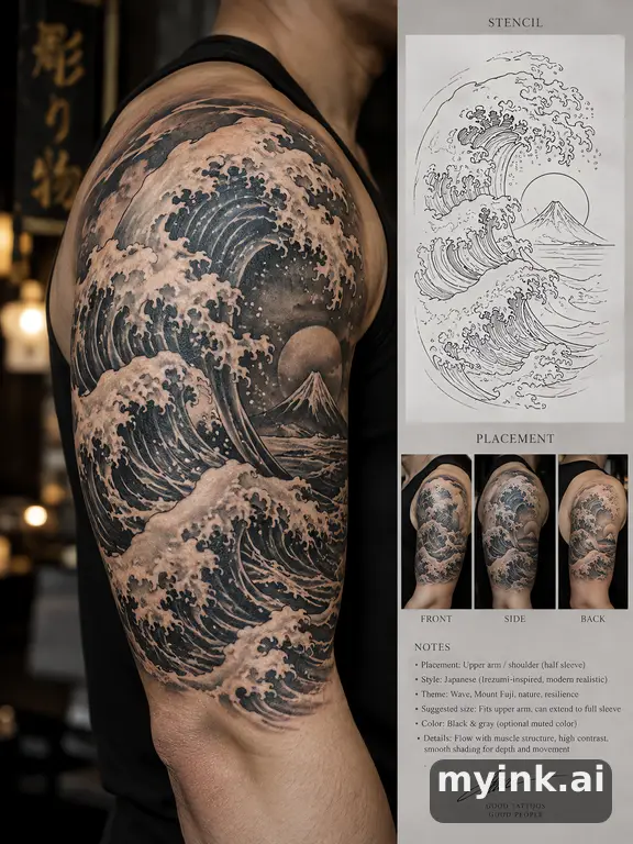 Consultation-ready Japanese wave tattoo plan with stencil and placement notes — Realistic Tattoo Design reference image
