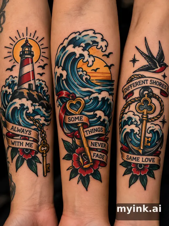 Three symbolic memorial tattoo routes based on ocean waves and a small key — Traditional Tattoo Design reference image