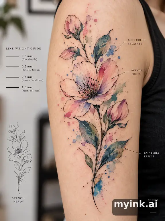Clean stencil-ready botanical tattoo with line weight annotations — Watercolor Tattoo Design reference image