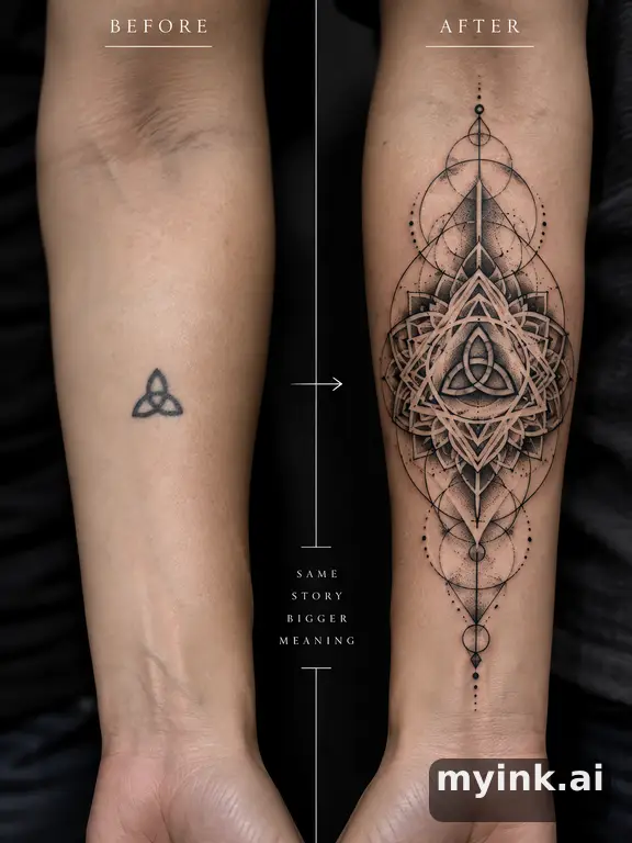 Before-and-after cover-up direction that absorbs an old small symbol — Geometric Tattoo Design reference image