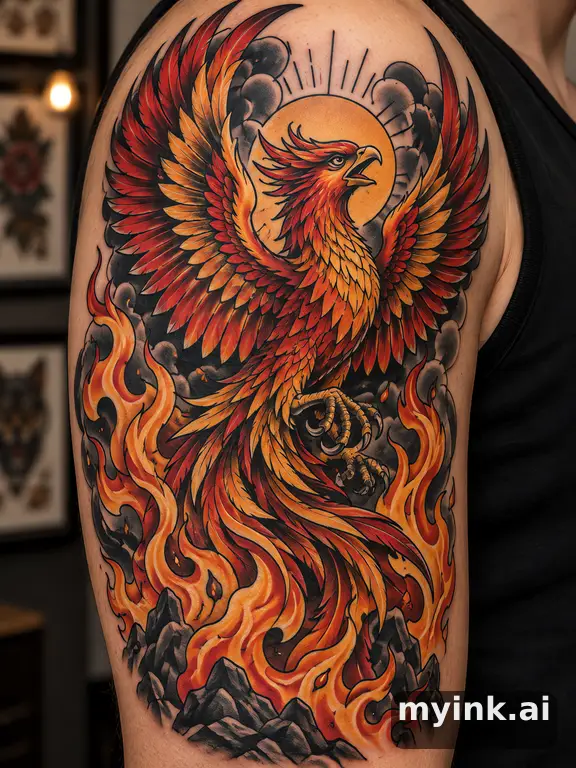 Phoenix rising from flames — Neotraditional Tattoo Design reference image
