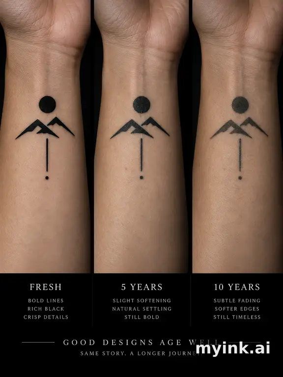 Tattoo aging comparison for a minimalist wrist design over ten years — Blackwork Tattoo Design reference image