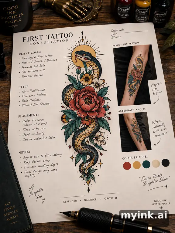 First tattoo consultation sheet with a fine-line forearm design and placement notes — Neotraditional Tattoo Design reference image