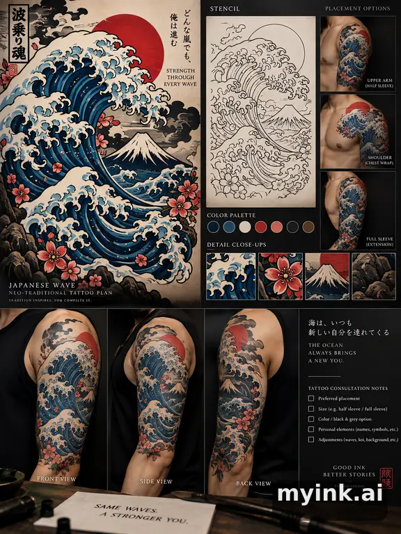 Consultation-ready Japanese wave tattoo plan with stencil and placement notes — Neotraditional Tattoo Design reference image