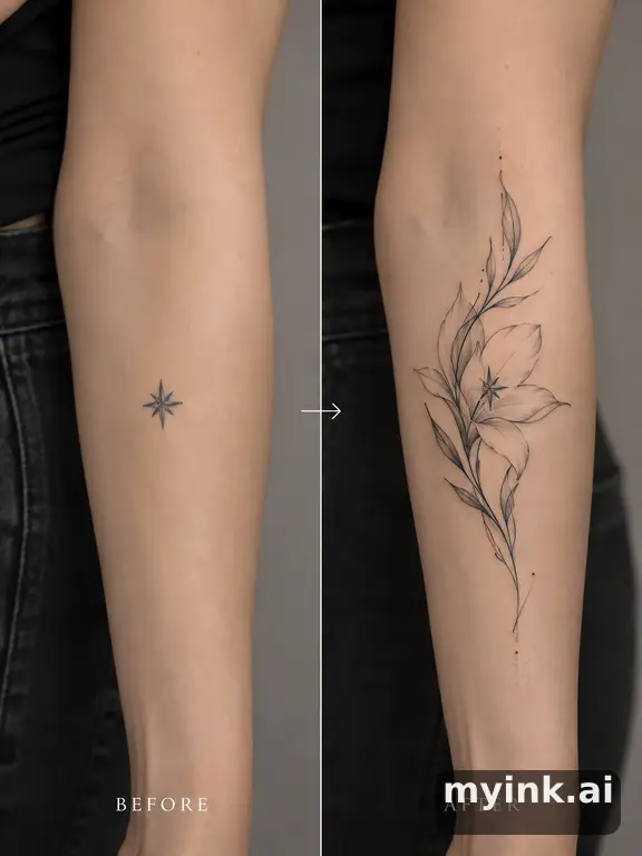 Before-and-after cover-up direction that absorbs an old small symbol — Minimalist Tattoo Design reference image