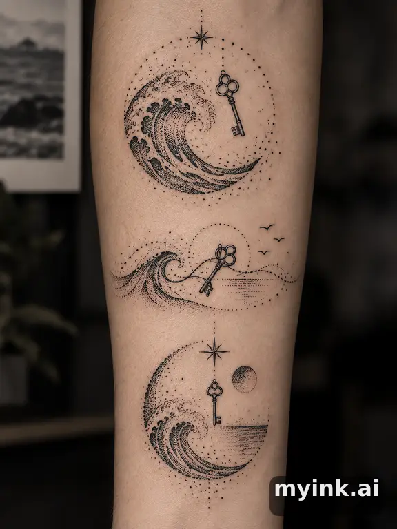 Three symbolic memorial tattoo routes based on ocean waves and a small key — Dotwork Tattoo Design reference image