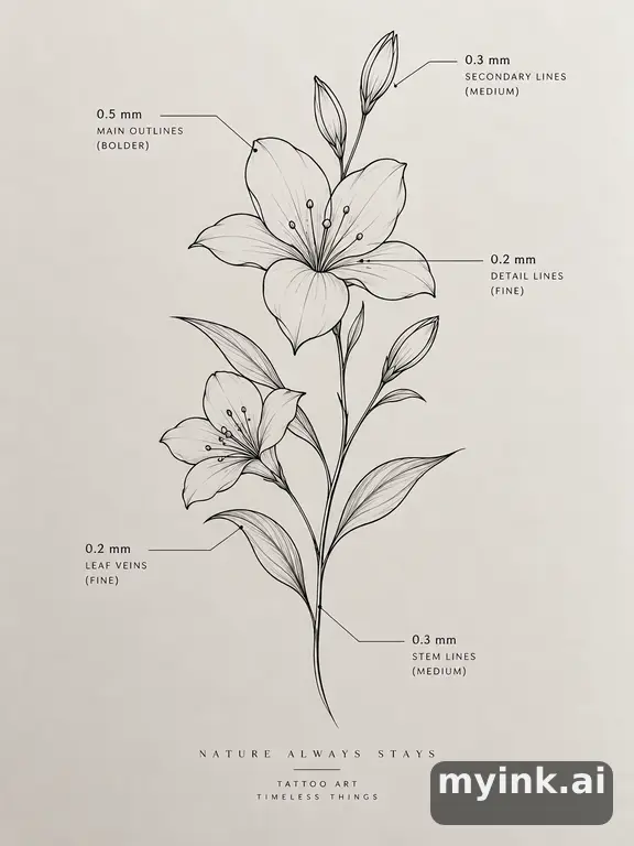 Clean stencil-ready botanical tattoo with line weight annotations — Minimalist Tattoo Design reference image