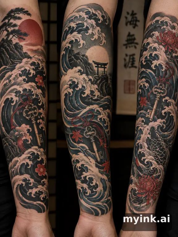 Three symbolic memorial tattoo routes based on ocean waves and a small key — Japanese Tattoo Design reference image