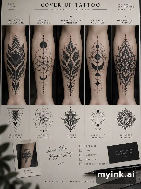 Cover-up tattoo planning board showing five blackwork directions — Geometric Tattoo Design reference image