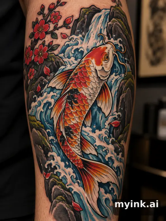 Koi fish swimming upstream — Neotraditional Tattoo Design reference image