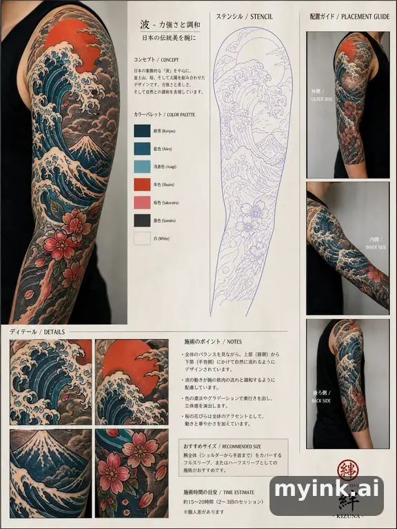 Consultation-ready Japanese wave tattoo plan with stencil and placement notes — Neotraditional Tattoo Design reference image