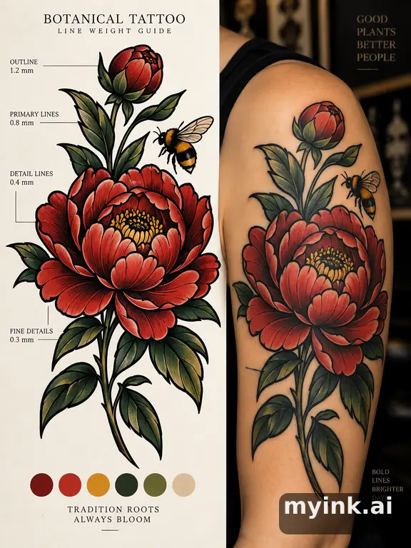 Clean stencil-ready botanical tattoo with line weight annotations — Neotraditional Tattoo Design reference image