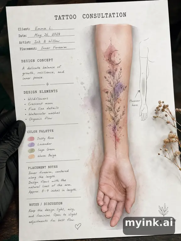 First tattoo consultation sheet with a fine-line forearm design and placement notes — Watercolor Tattoo Design reference image