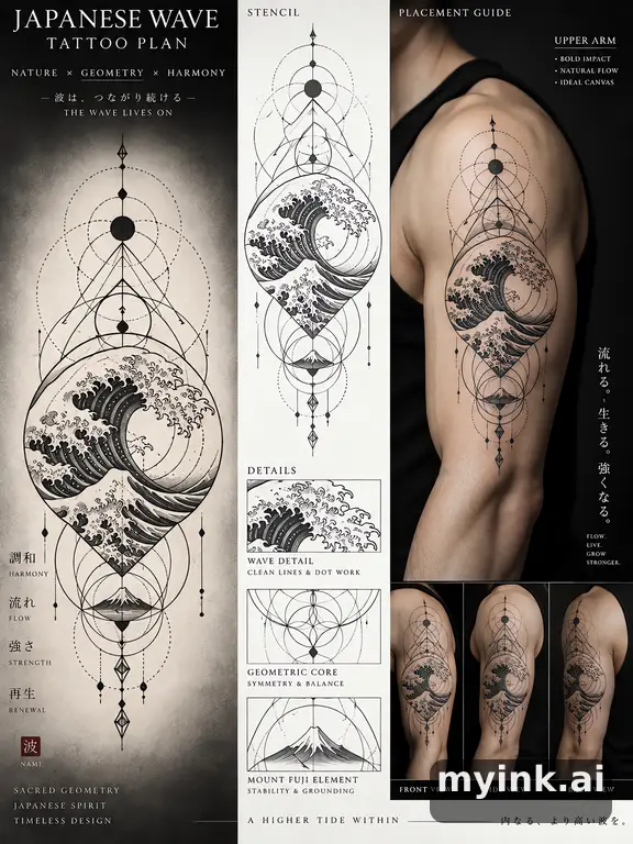 Consultation-ready Japanese wave tattoo plan with stencil and placement notes — Geometric Tattoo Design reference image