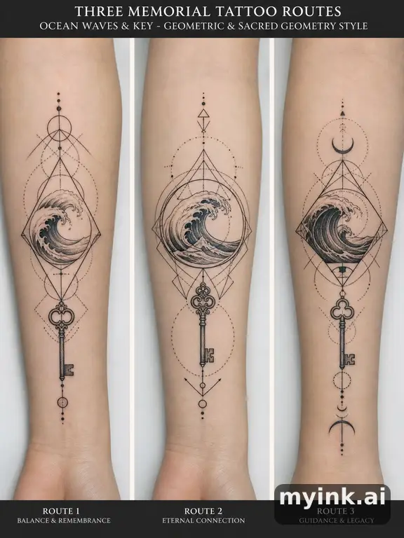 Three symbolic memorial tattoo routes based on ocean waves and a small key — Geometric Tattoo Design reference image