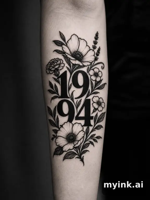 Birth date numbers surrounded by birth month flowers — Blackwork Tattoo Design reference image