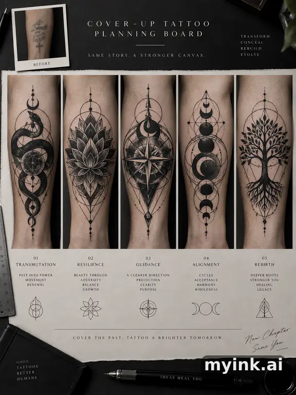 Cover-up tattoo planning board showing five blackwork directions — Geometric Tattoo Design reference image