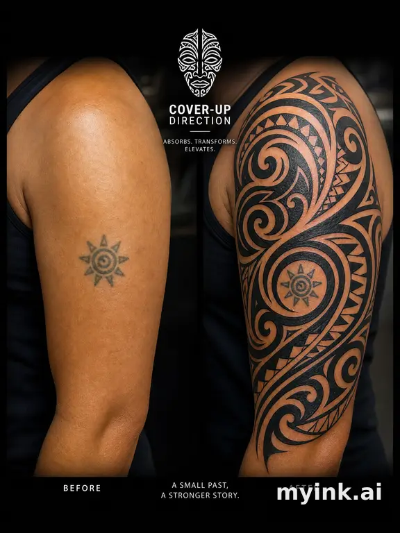 Before-and-after cover-up direction that absorbs an old small symbol — Tribal Tattoo Design reference image