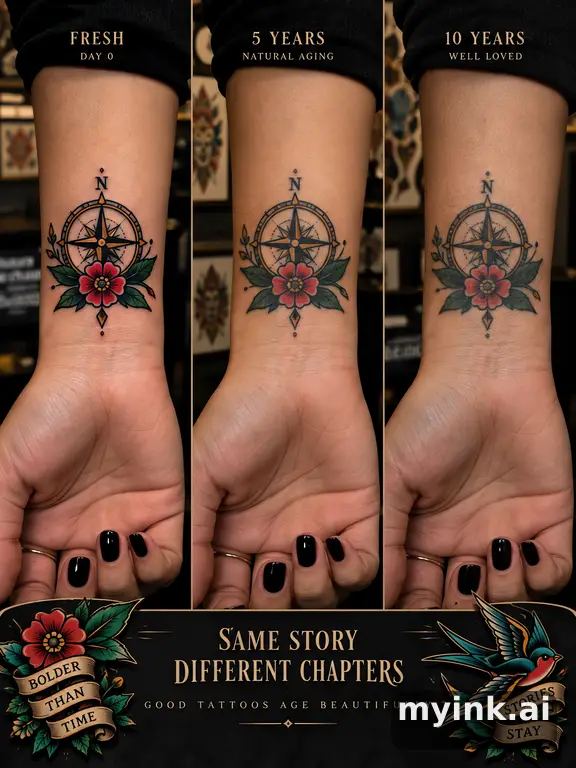 Tattoo aging comparison for a minimalist wrist design over ten years — Neotraditional Tattoo Design reference image
