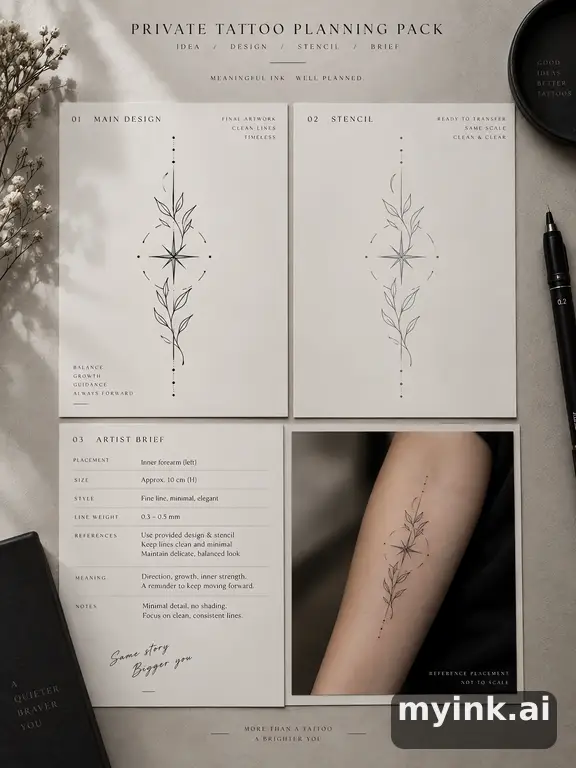 Private tattoo planning pack layout with main design — Minimalist Tattoo Design reference image