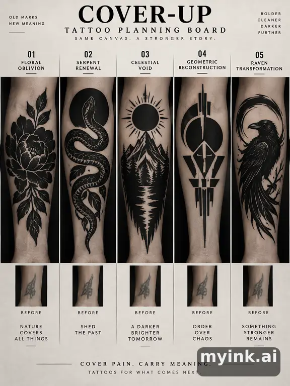Cover-up tattoo planning board showing five blackwork directions — Blackwork Tattoo Design reference image