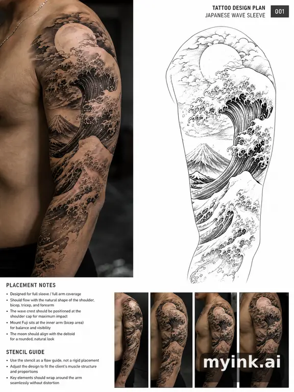 Consultation-ready Japanese wave tattoo plan with stencil and placement notes — Realistic Tattoo Design reference image