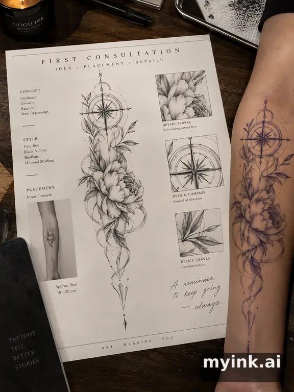 First tattoo consultation sheet with a fine-line forearm design and placement notes — Realistic Tattoo Design reference image